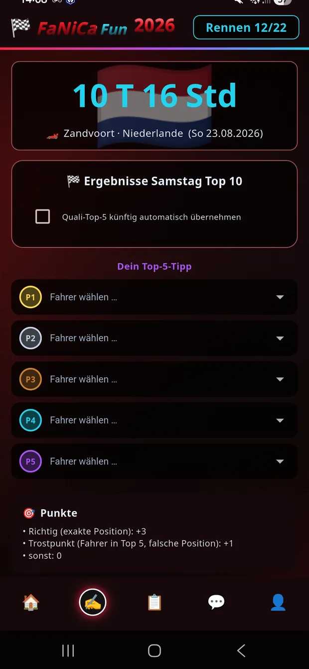 FaNiCa Fun: Tipp-Bildschirm mit den fünf Positionen